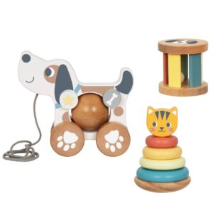 TookyToy - 3-in-1 Wooden Toy Gift Set - Rattle, Stacking Tower and Pull-Along Puppy - Image 1