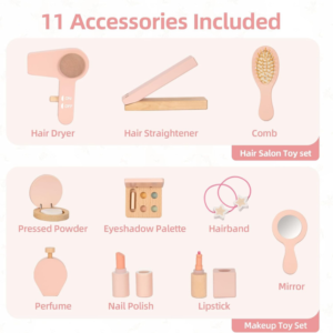 TookyToy - Wooden Dressing Table Role Play Kids with Accesories - 11 Pieces - Image 5