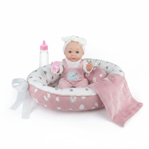 Baby Doll w Soft Body, Sleeping Nest, Pink Elephant Dungaree Outfit - 30cm - Image 1